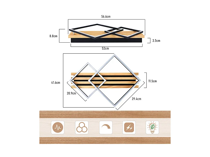NETTLIFE Plafonnier led en bois à intensité variable : 55 cm, lampe de chambre carrée, moderne, géométrique, 36 w, lampe de salon, télécommande