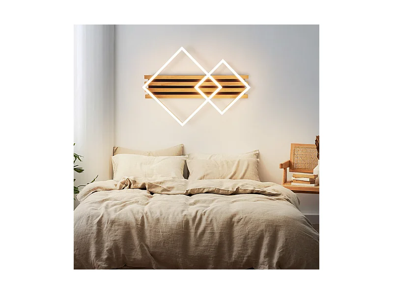 NETTLIFE Plafonnier led en bois à intensité variable : 55 cm, lampe de chambre carrée, moderne, géométrique, 36 w, lampe de salon, télécommande