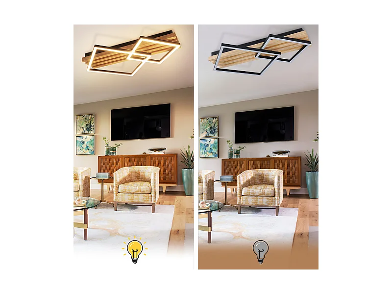 NETTLIFE Plafonnier led en bois à intensité variable : 55 cm, lampe de chambre carrée, moderne, géométrique, 36 w, lampe de salon, télécommande