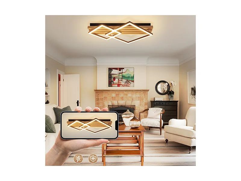 NETTLIFE Plafonnier led en bois à intensité variable : 55 cm, lampe de chambre carrée, moderne, géométrique, 36 w, lampe de salon, télécommande