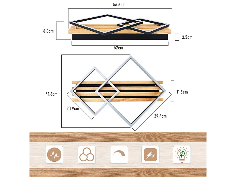 NETTLIFE Plafonnier led en bois à intensité variable : 55 cm, lampe de chambre carrée, moderne, géométrique, 36 w, lampe de salon, télécommande