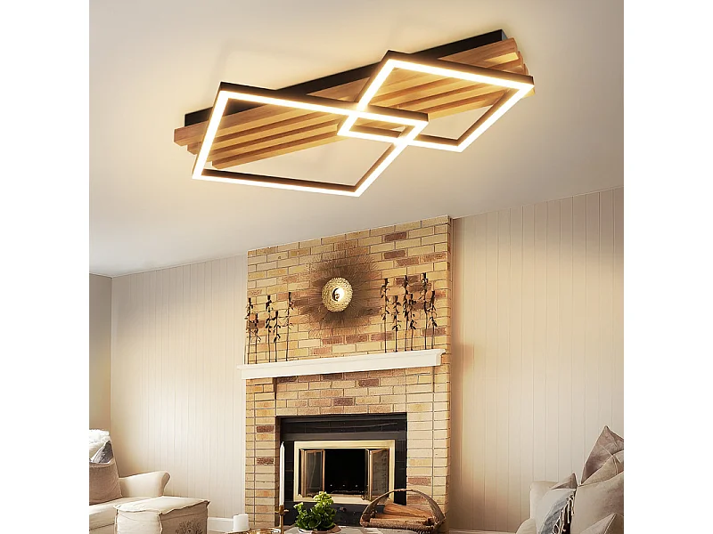 NETTLIFE Plafonnier led en bois à intensité variable : 55 cm, lampe de chambre carrée, moderne, géométrique, 36 w, lampe de salon, télécommande