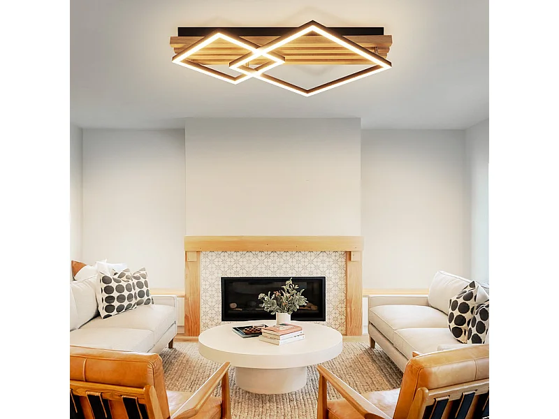 NETTLIFE Plafonnier led en bois à intensité variable : 55 cm, lampe de chambre carrée, moderne, géométrique, 36 w, lampe de salon, télécommande