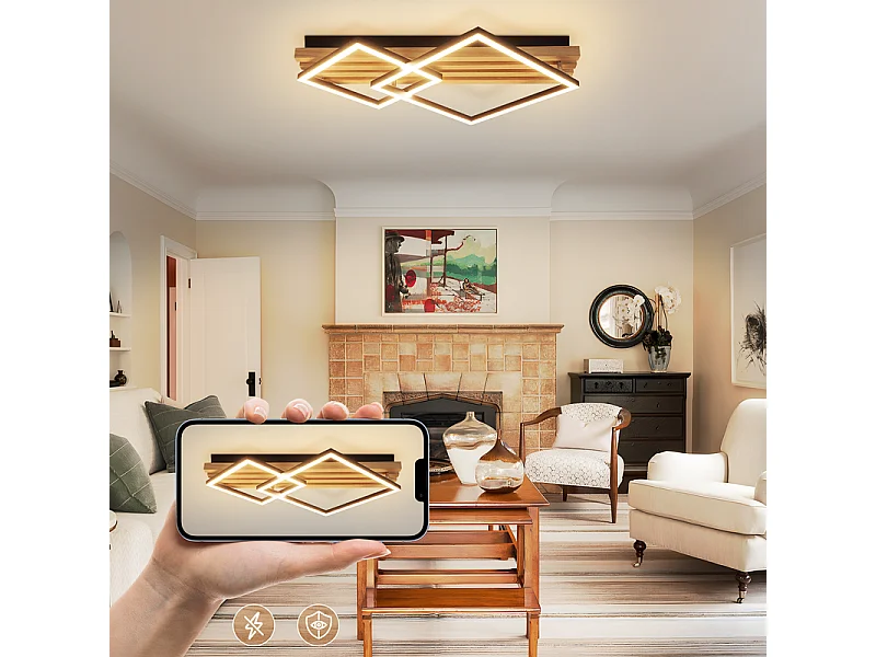 NETTLIFE Plafonnier led en bois à intensité variable : 55 cm, lampe de chambre carrée, moderne, géométrique, 36 w, lampe de salon, télécommande