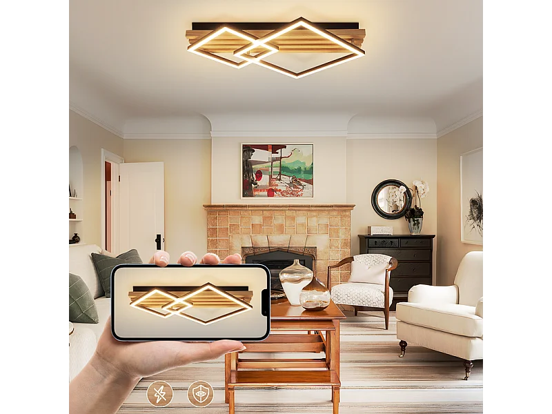 NETTLIFE Plafonnier led en bois à intensité variable : 55 cm, lampe de chambre carrée, moderne, géométrique, 36 w, lampe de salon, télécommande