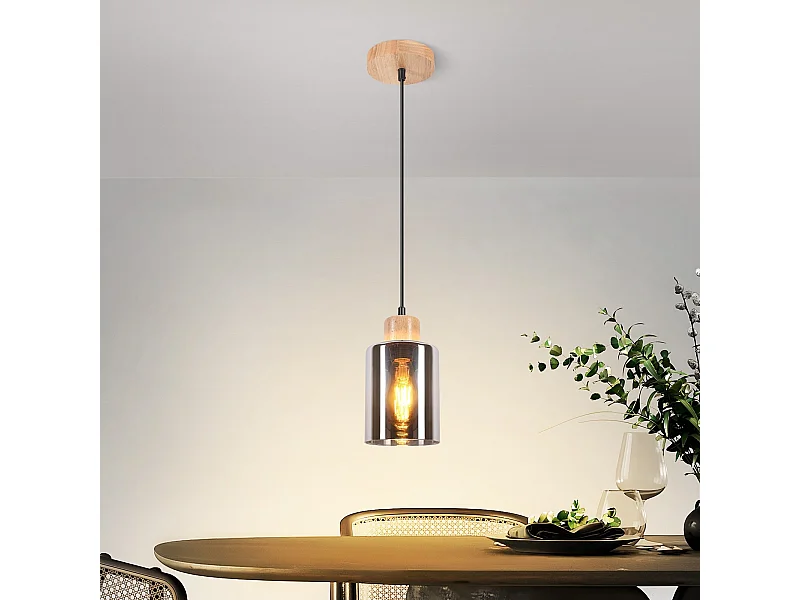 NETTLIFE Pendelleuchte aus Holz, E27 Hängelampe, Vintage Glas Esstischlampe