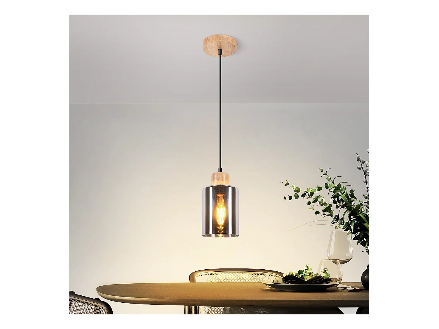 NETTLIFE Suspension en bois, lampe suspendue E27, lampe de table à manger vintage en verre