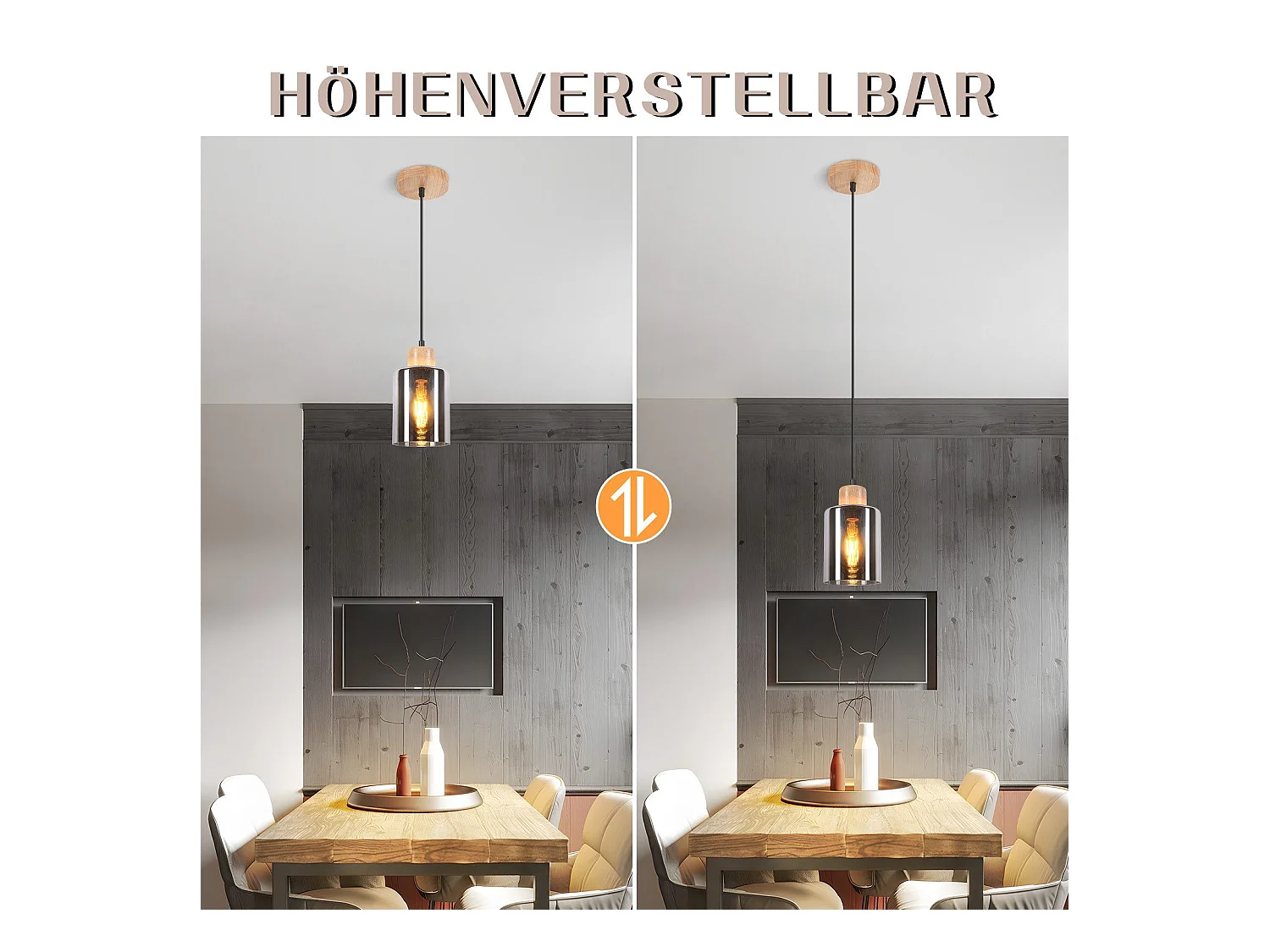 NETTLIFE Suspension en bois, lampe suspendue E27, lampe de table à manger vintage en verre