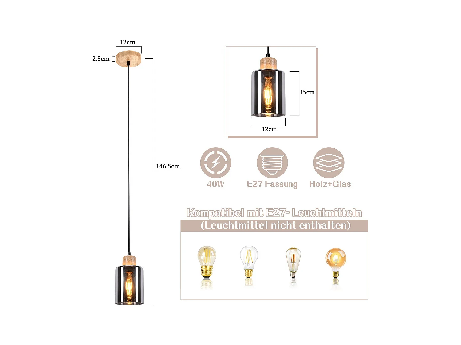 NETTLIFE Suspension en bois, lampe suspendue E27, lampe de table à manger vintage en verre