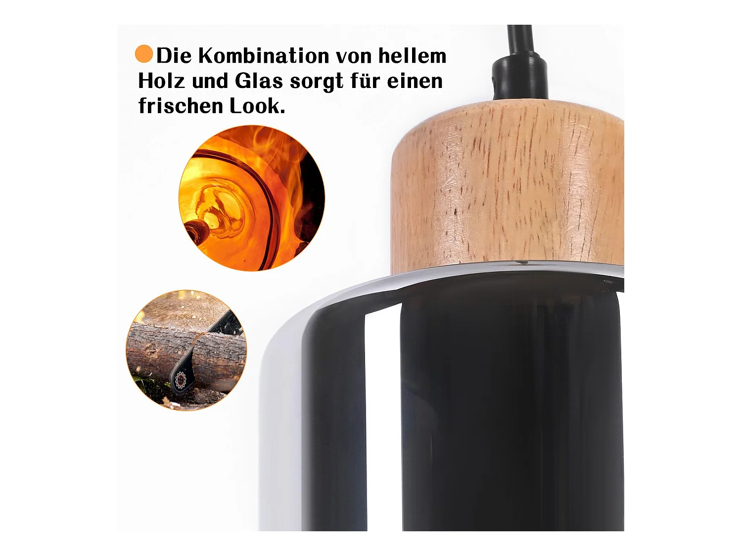 NETTLIFE Suspension en bois, lampe suspendue E27, lampe de table à manger vintage en verre