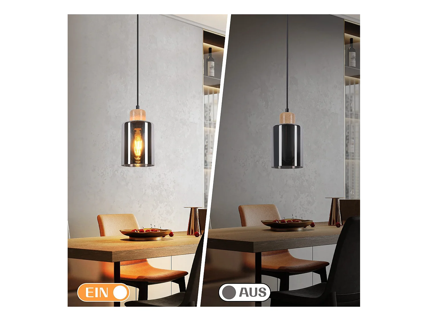 NETTLIFE Suspension en bois, lampe suspendue E27, lampe de table à manger vintage en verre