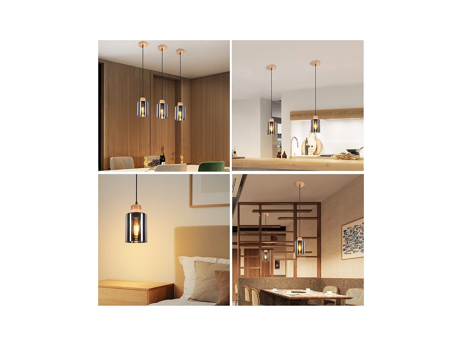 NETTLIFE Suspension en bois, lampe suspendue E27, lampe de table à manger vintage en verre
