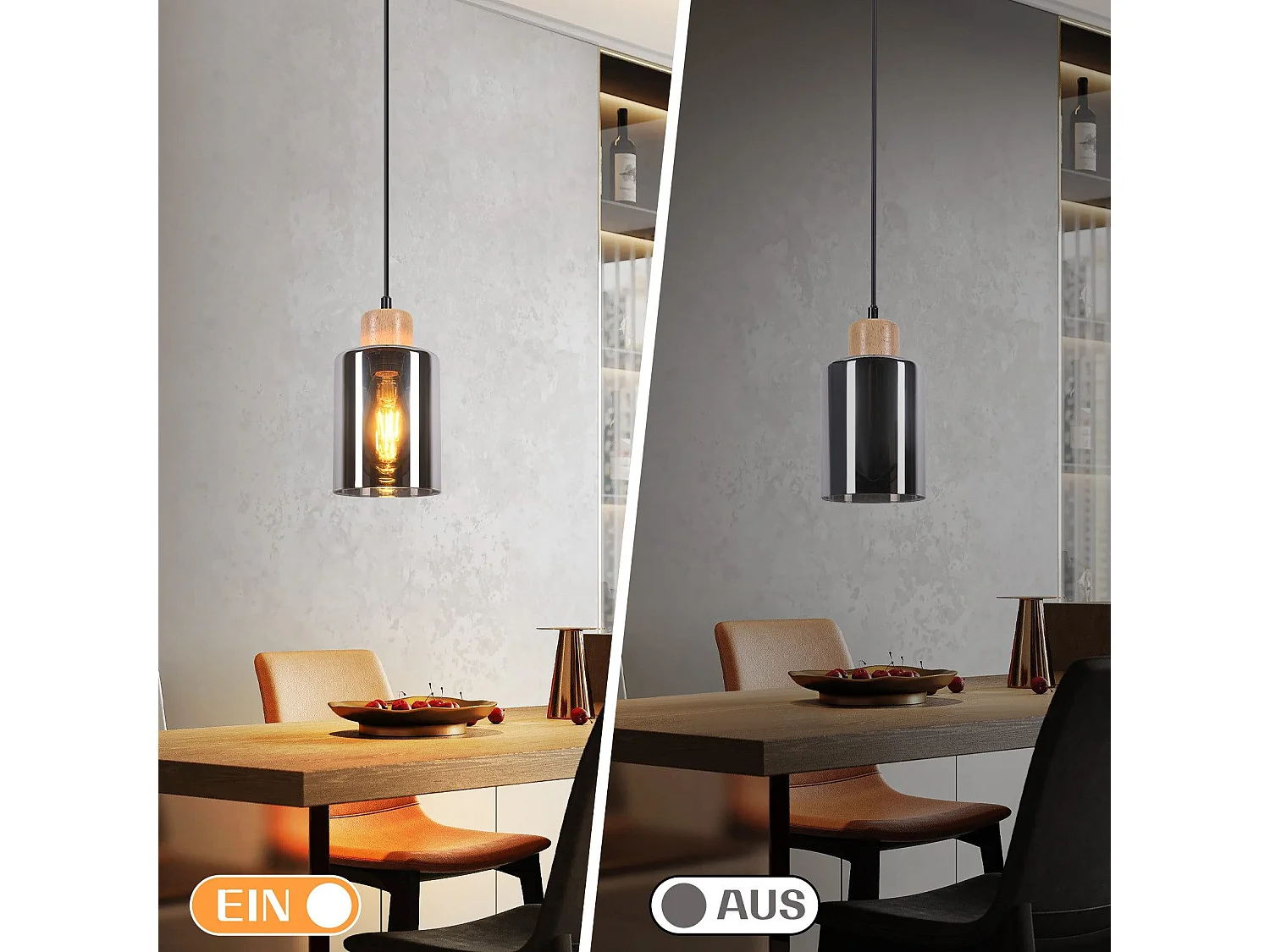 NETTLIFE Suspension en bois, lampe suspendue E27, lampe de table à manger vintage en verre