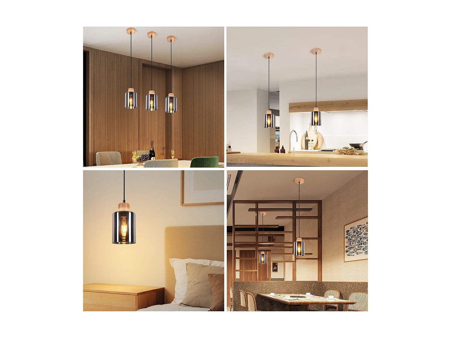 NETTLIFE Suspension en bois, lampe suspendue E27, lampe de table à manger vintage en verre