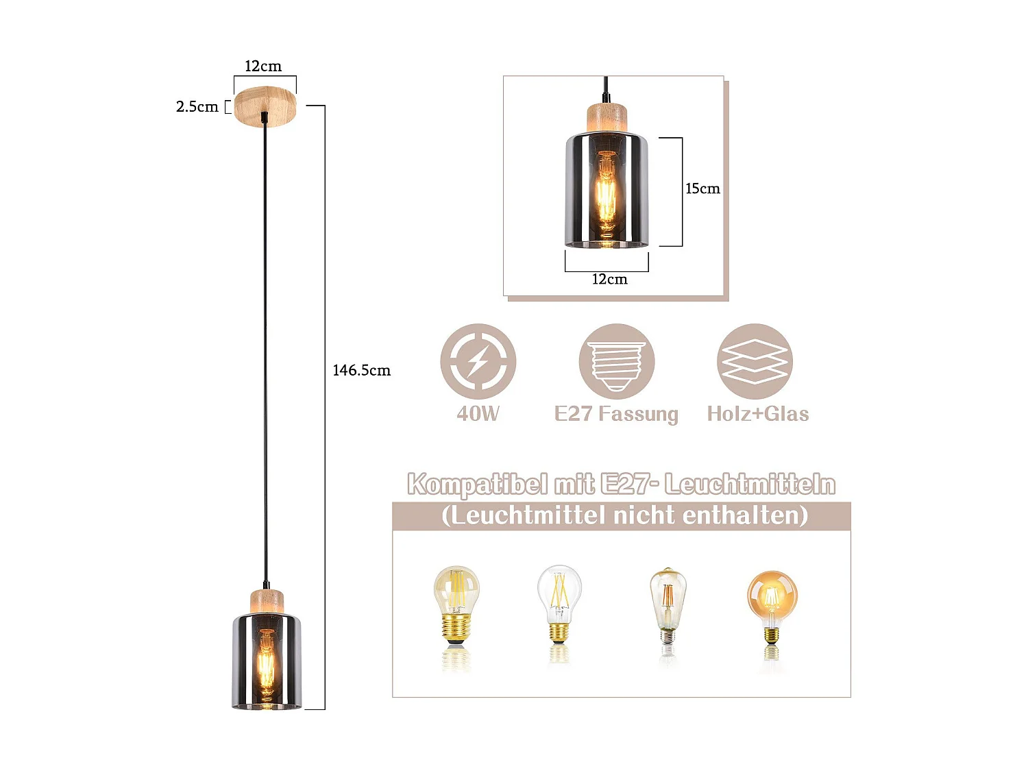 Lampada a sospensione in legno NETTLIFE, attacco E27, lampada da tavolo vintage in vetro