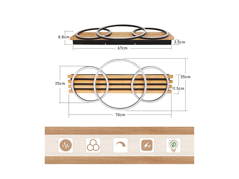 NETTLIFE Plafonnier led en intensité variable : 70 cm, lampe de salon, 46 w, lampe de chambre moderne, éclairage de plafond noir avec télécommande,