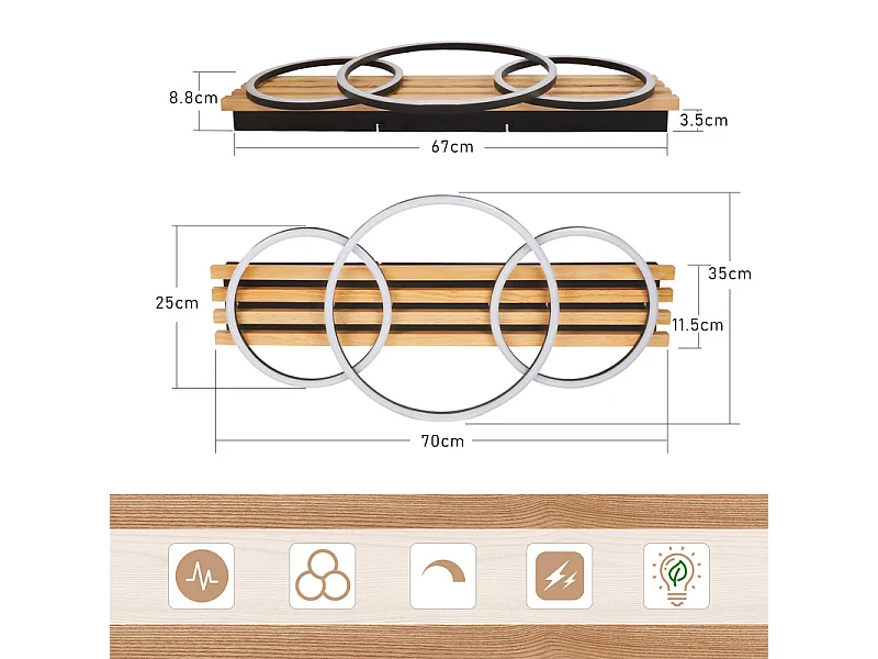 NETTLIFE Plafonnier led en intensité variable : 70 cm, lampe de salon, 46 w, lampe de chambre moderne, éclairage de plafond noir avec télécommande,