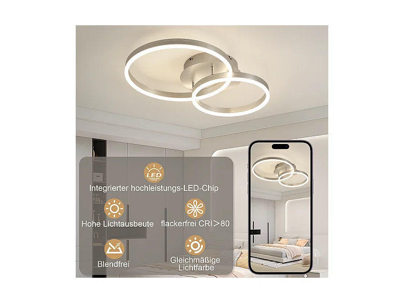 Plafonnier led nettlife, design moderne, intensité variable, 59 cm, avec télécommande, 2 anneaux en acrylique doré, 46 w