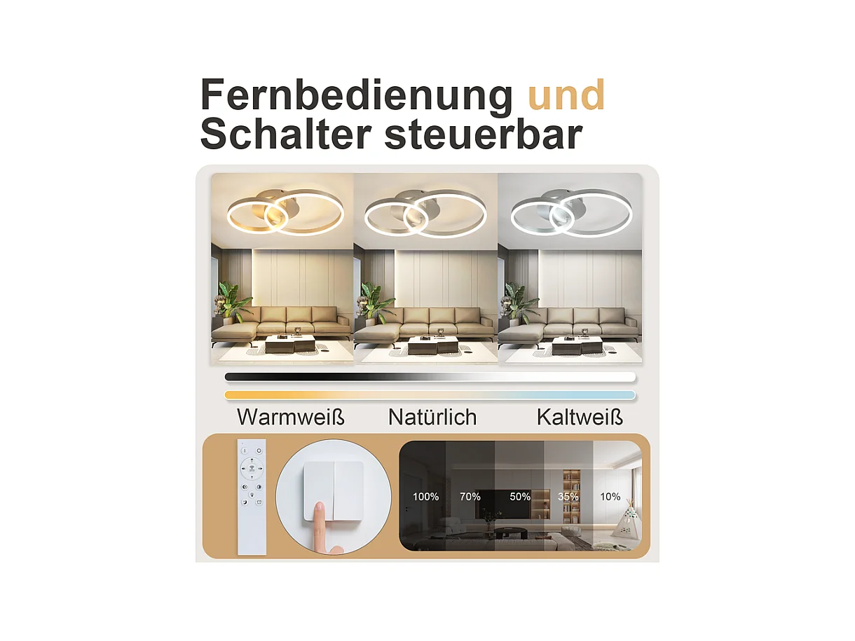 Plafonnier led nettlife, design moderne, intensité variable, 59 cm, avec télécommande, 2 anneaux en acrylique doré, 46 w