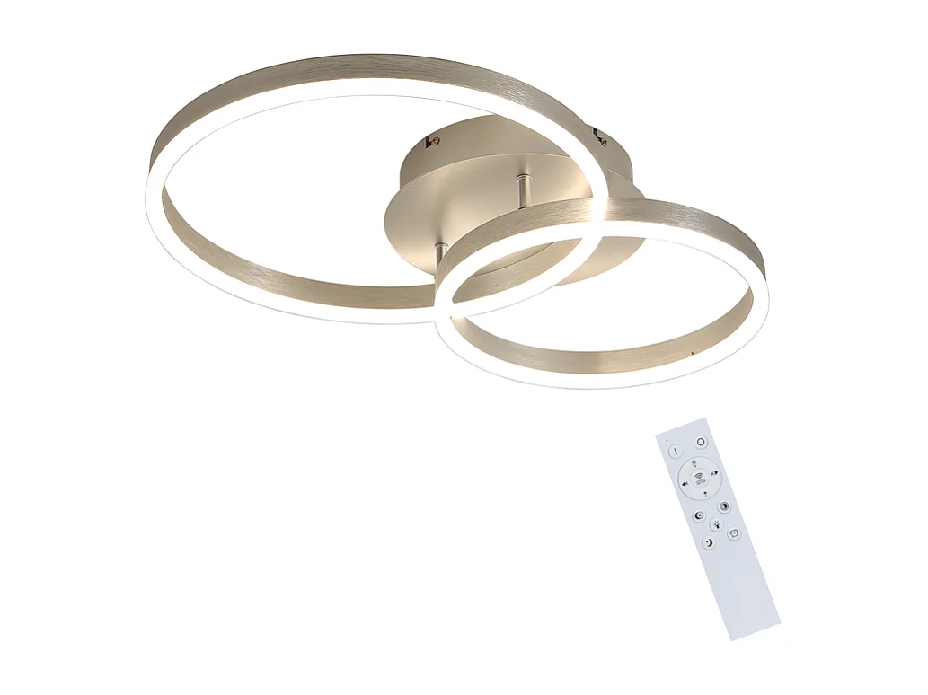 NETTLIFE Moderne, dimmbare LED-Deckenleuchte – 2-Ring-Deckenleuchte aus Metall und Acryl mit Fernbedienung, Silber, 59 cm, Wohnzimmer