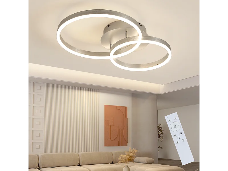 NETTLIFE Moderne, dimmbare LED-Deckenleuchte – 2-Ring-Deckenleuchte aus Metall und Acryl mit Fernbedienung, Silber, 59 cm, Wohnzimmer