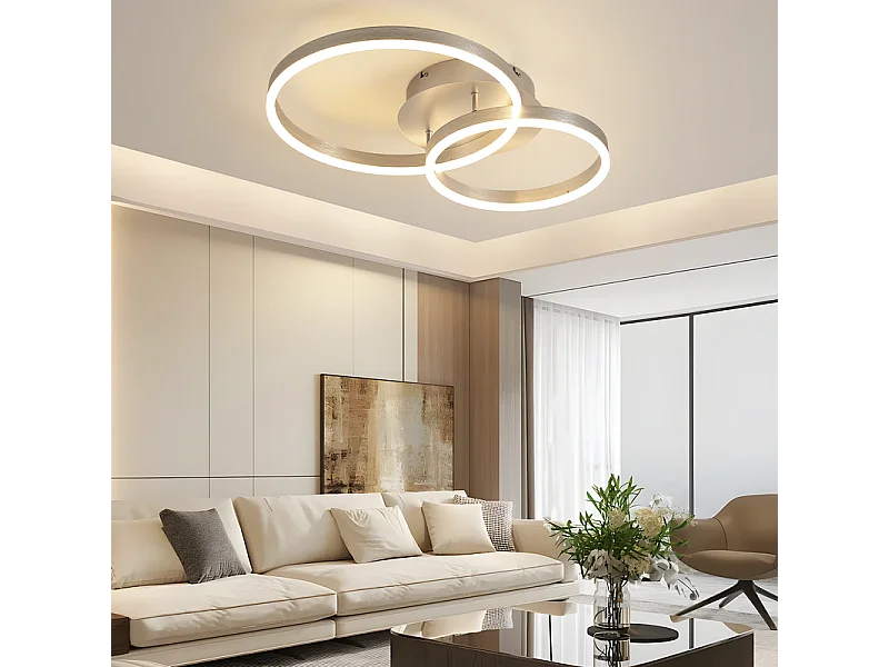 NETTLIFE Moderne, dimmbare LED-Deckenleuchte – 2-Ring-Deckenleuchte aus Metall und Acryl mit Fernbedienung, Silber, 59 cm, Wohnzimmer