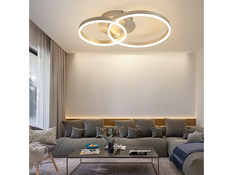 NETTLIFE Moderne, dimmbare LED-Deckenleuchte – 2-Ring-Deckenleuchte aus Metall und Acryl mit Fernbedienung, Silber, 59 cm, Wohnzimmer