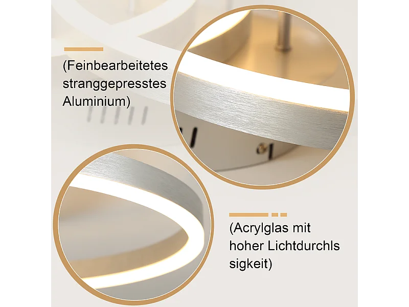 NETTLIFE Moderne, dimmbare LED-Deckenleuchte – 2-Ring-Deckenleuchte aus Metall und Acryl mit Fernbedienung, Silber, 59 cm, Wohnzimmer