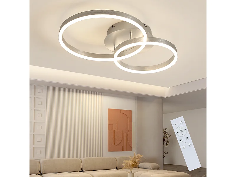 NETTLIFE plafonnier LED moderne dimmable – lampe de plafond 2 anneaux en métal et acrylique, avec télécommande, argent, 59 cm, salon