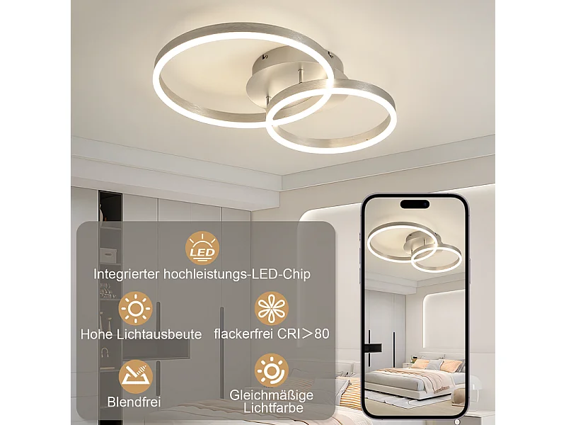 NETTLIFE plafonnier LED moderne dimmable – lampe de plafond 2 anneaux en métal et acrylique, avec télécommande, argent, 59 cm, salon