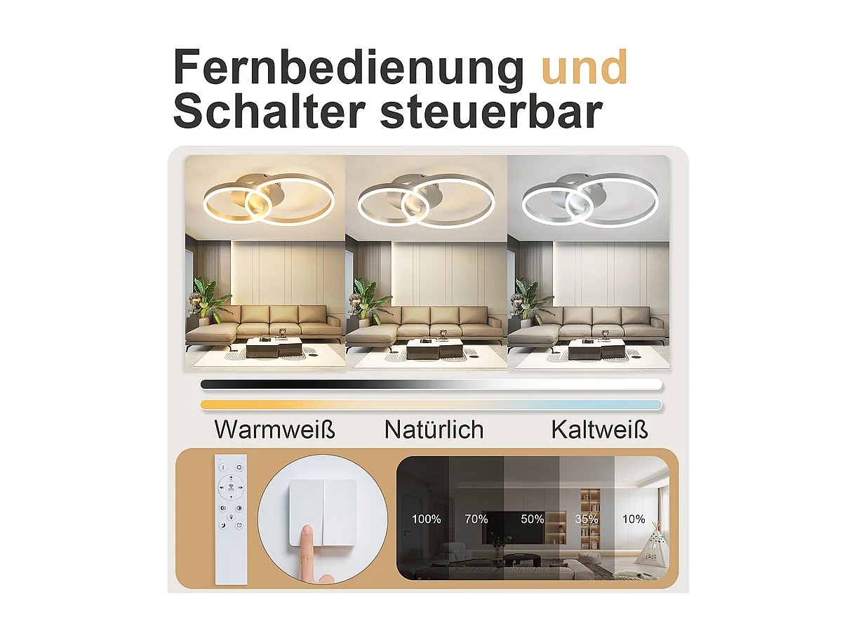 NETTLIFE plafonnier LED moderne dimmable – lampe de plafond 2 anneaux en métal et acrylique, avec télécommande, argent, 59 cm, salon