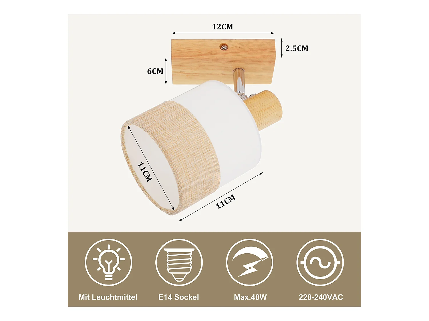 NETTLIFE Spot LED plafond 1 flamme lampe couloir - plafonnier bois plafonnier E14 vintage orientable 350° rétro