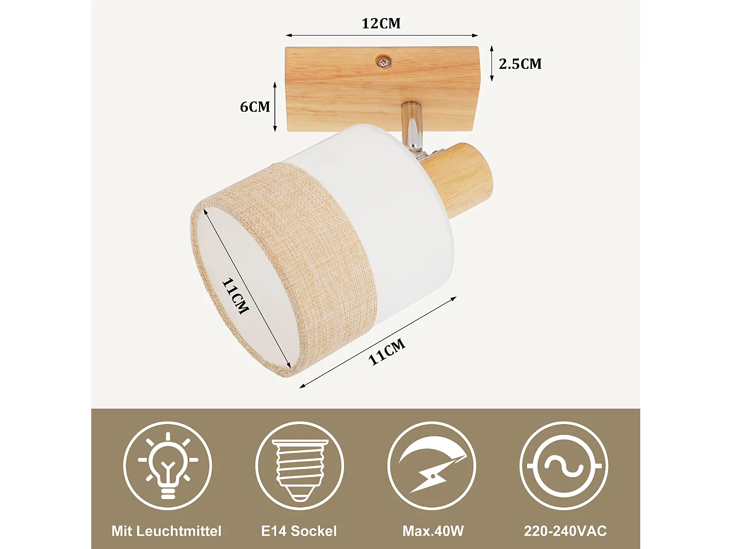 NETTLIFE Spot LED plafond 1 flamme lampe couloir - plafonnier bois plafonnier E14 vintage orientable 350° rétro