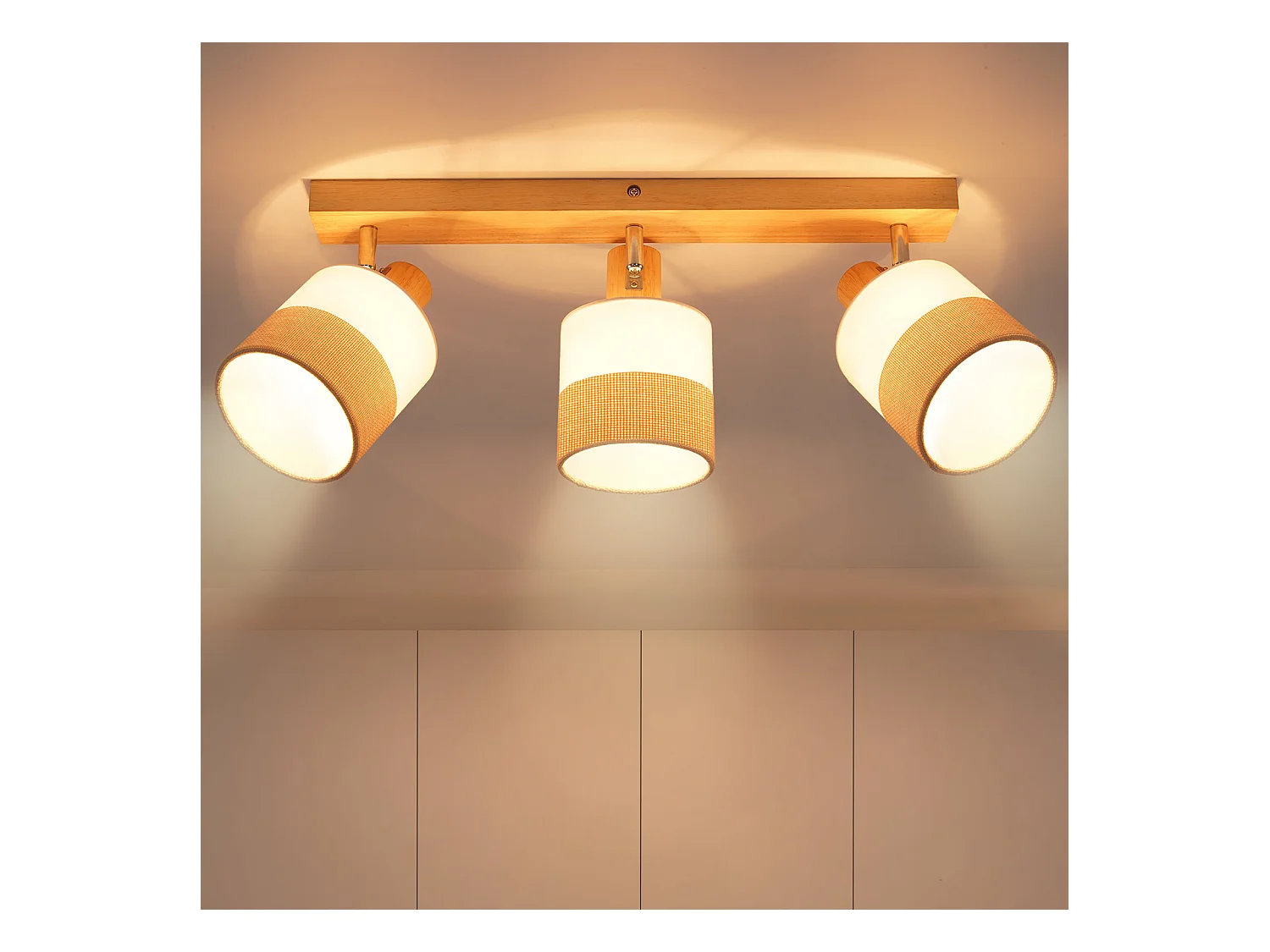 NETTLIFE Plafonnier spot 3 flammes bois - plafonnier vintage E14 abat-jour tissu rétro orientable 350°