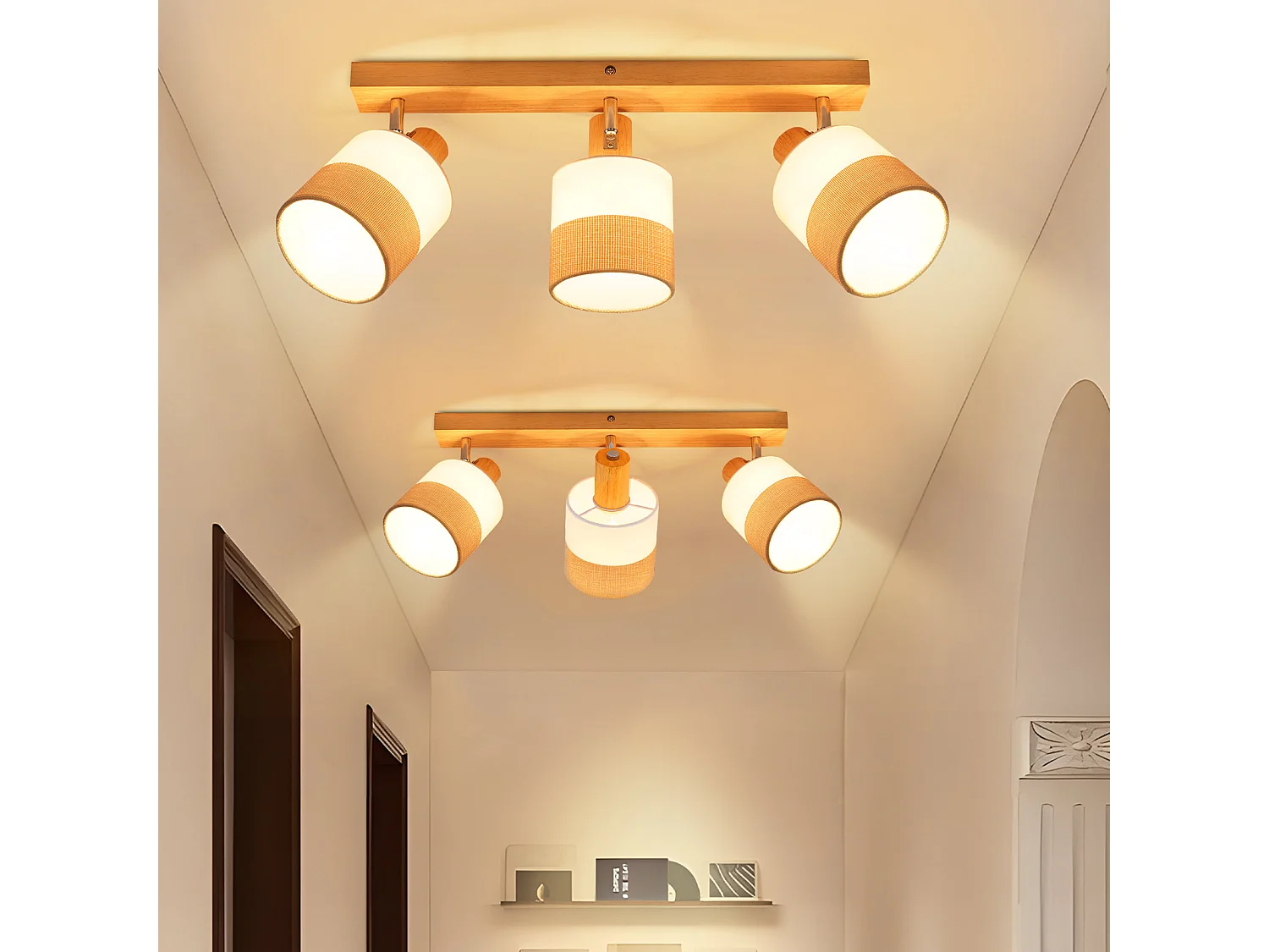 NETTLIFE 3-vlams houten plafondlamp - vintage E14 plafondlamp met retro stoffen lampenkap, 350° verstelbaar