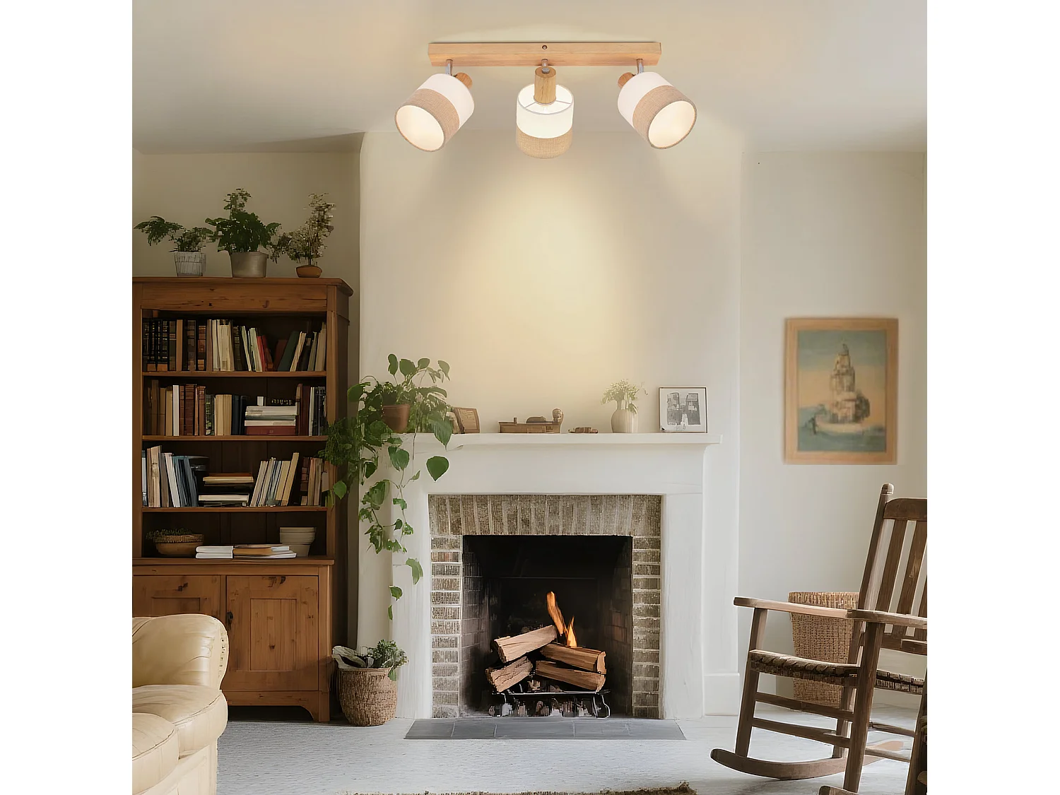 NETTLIFE 3-vlams houten plafondlamp - vintage E14 plafondlamp met retro stoffen lampenkap, 350° verstelbaar