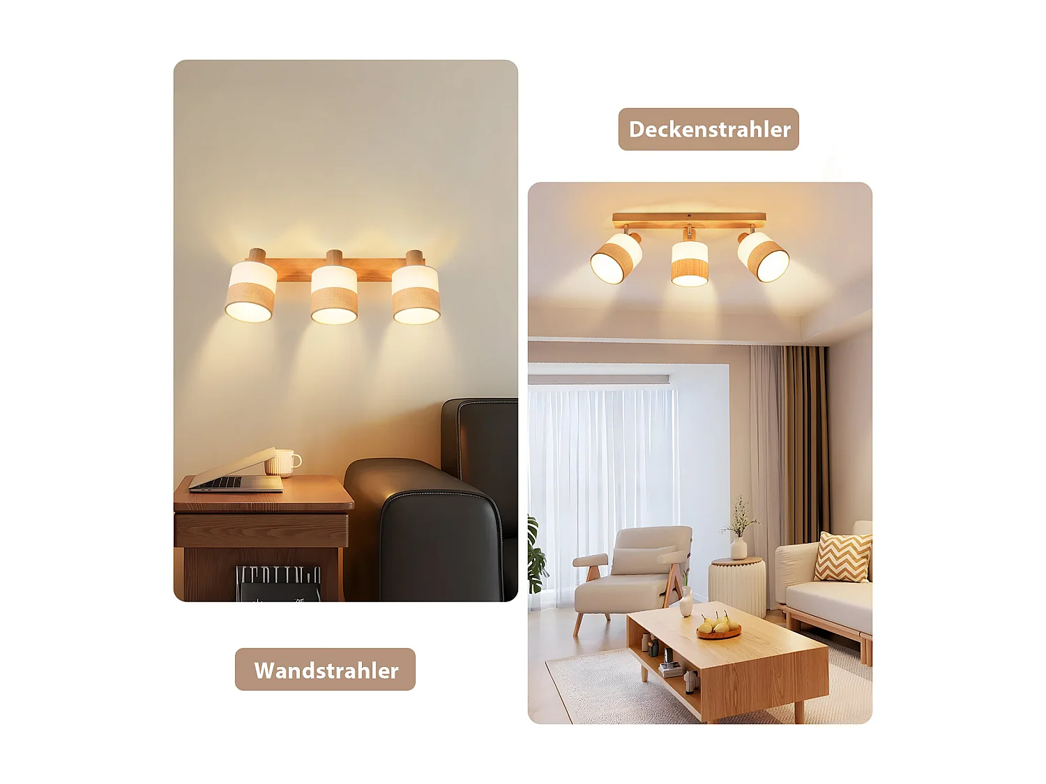 NETTLIFE 3-vlams houten plafondlamp - vintage E14 plafondlamp met retro stoffen lampenkap, 350° verstelbaar