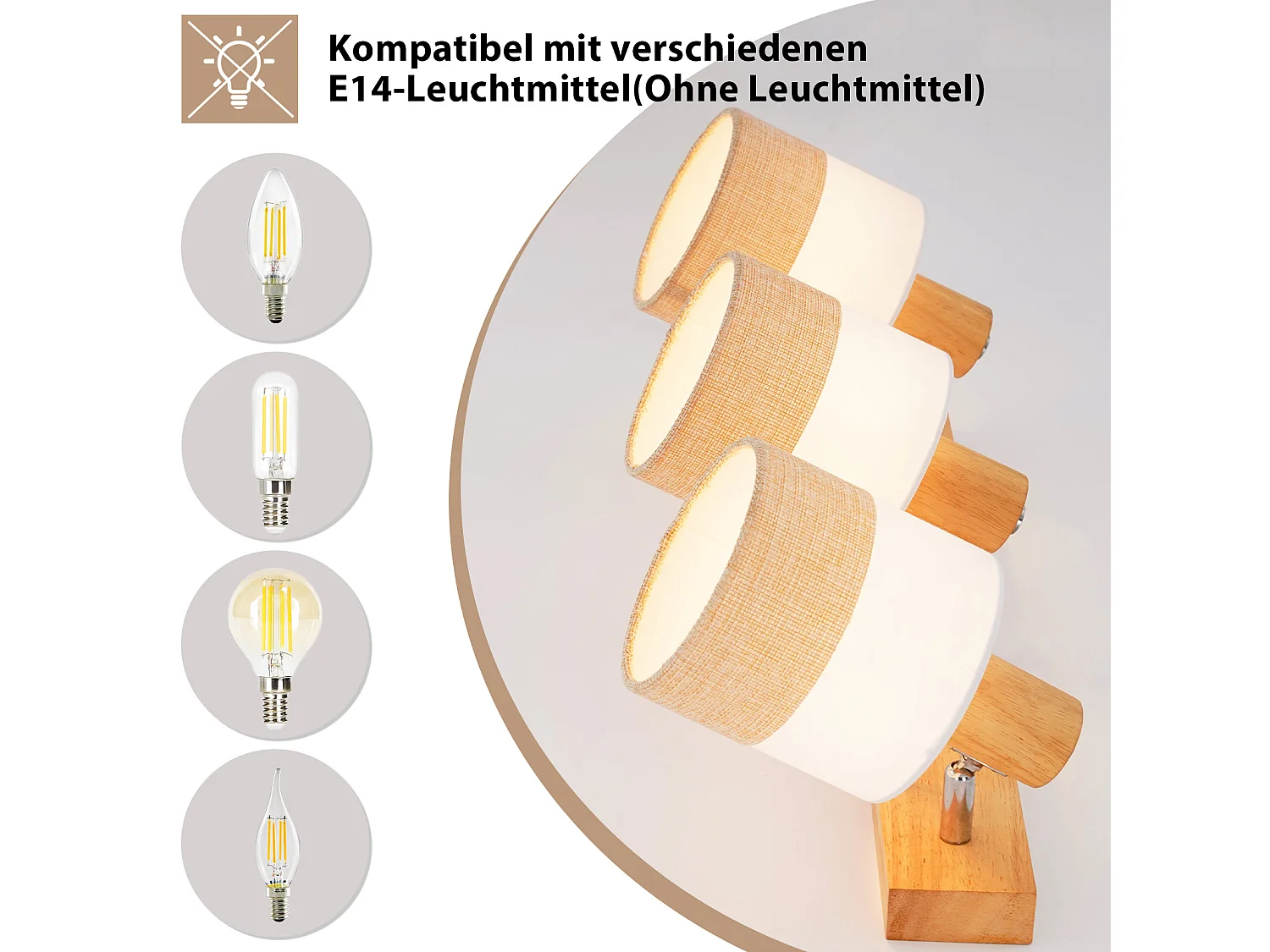 NETTLIFE 3-vlams houten plafondlamp - vintage E14 plafondlamp met retro stoffen lampenkap, 350° verstelbaar