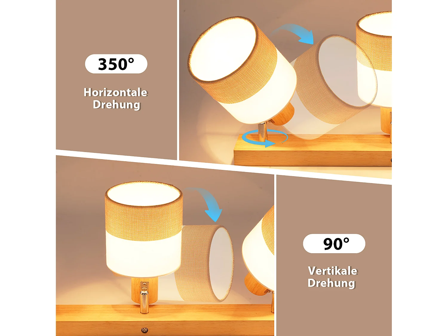 NETTLIFE 3-vlams houten plafondlamp - vintage E14 plafondlamp met retro stoffen lampenkap, 350° verstelbaar