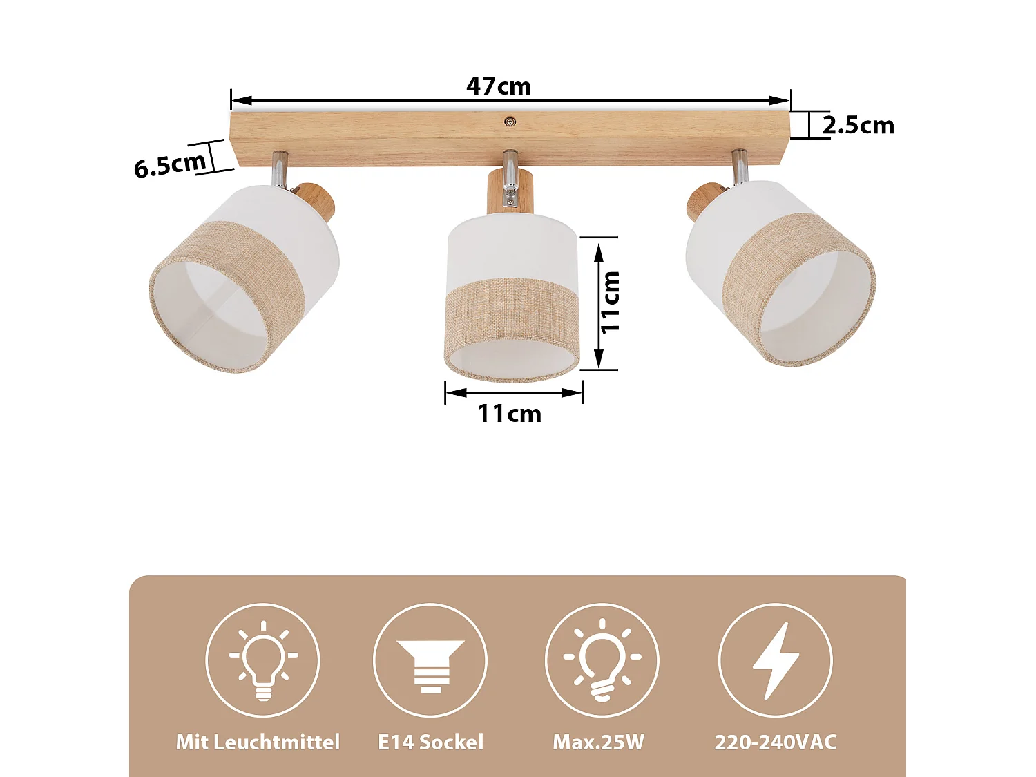 NETTLIFE 3-vlams houten plafondlamp - vintage E14 plafondlamp met retro stoffen lampenkap, 350° verstelbaar