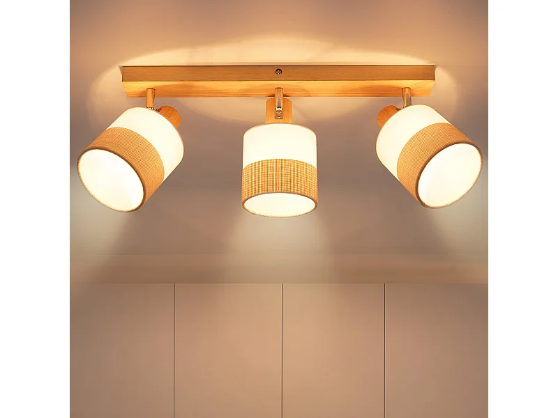 NETTLIFE 3-vlams houten plafondlamp - vintage E14 plafondlamp met retro stoffen lampenkap, 350° verstelbaar