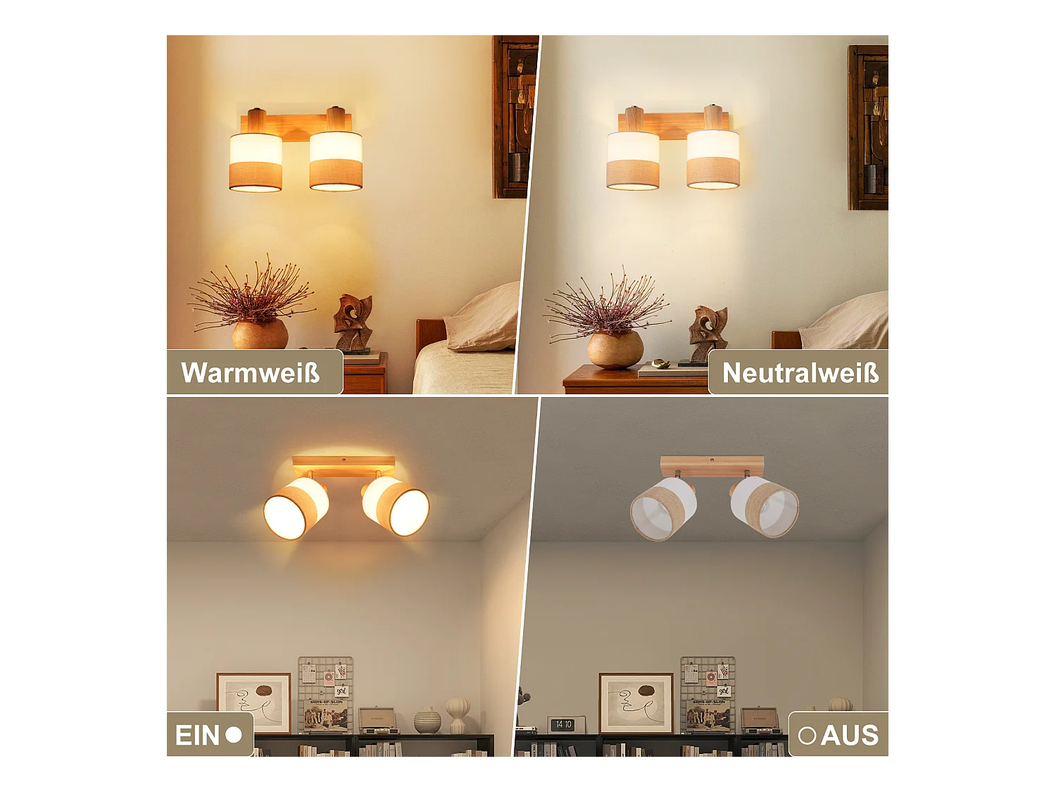 NETTLIFE Plafonnier LED 2 feux spot plafonnier couloir lampe bois E14 vintage orientable 350°