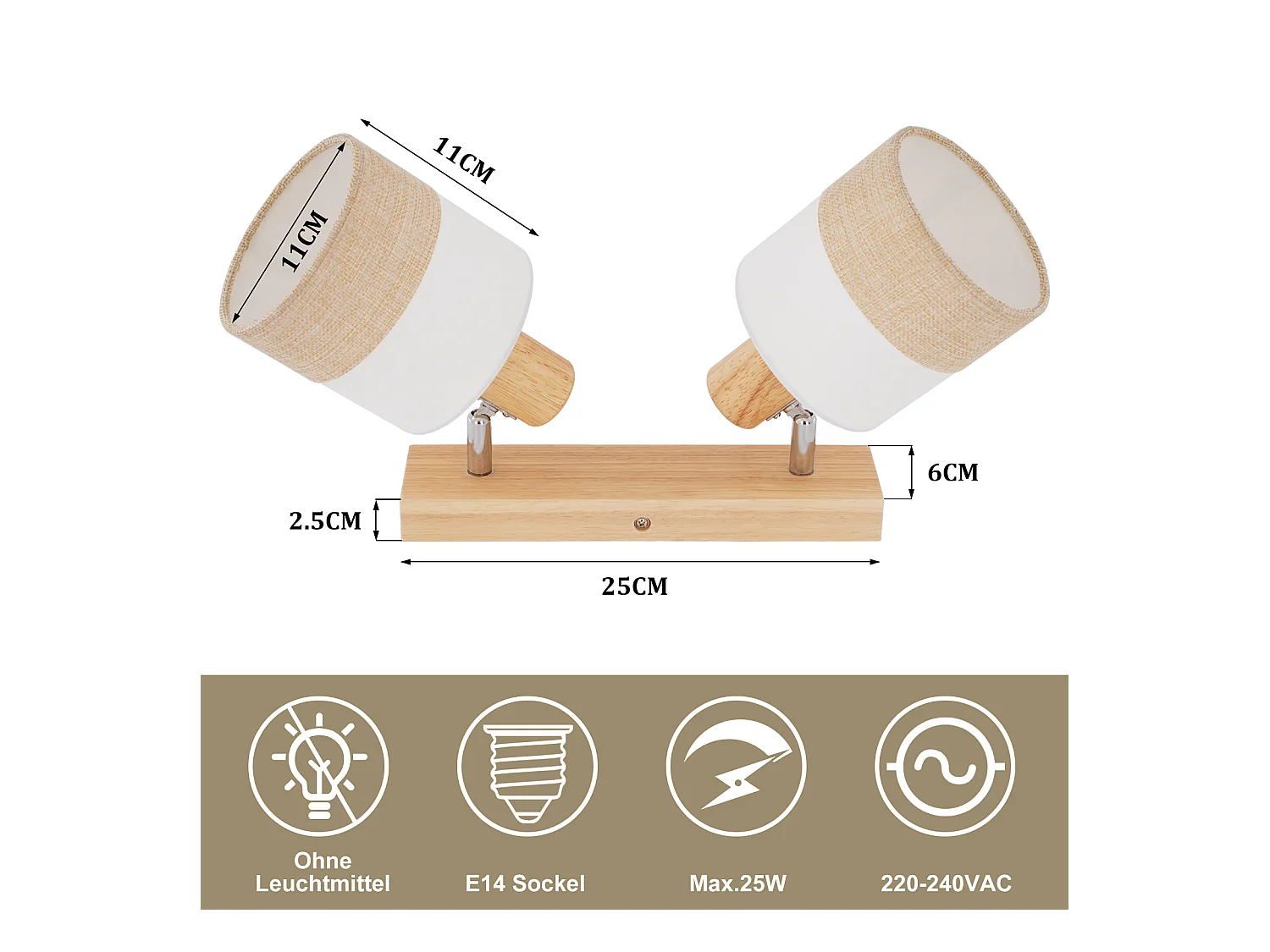 NETTLIFE Plafonnier LED 2 feux spot plafonnier couloir lampe bois E14 vintage orientable 350°