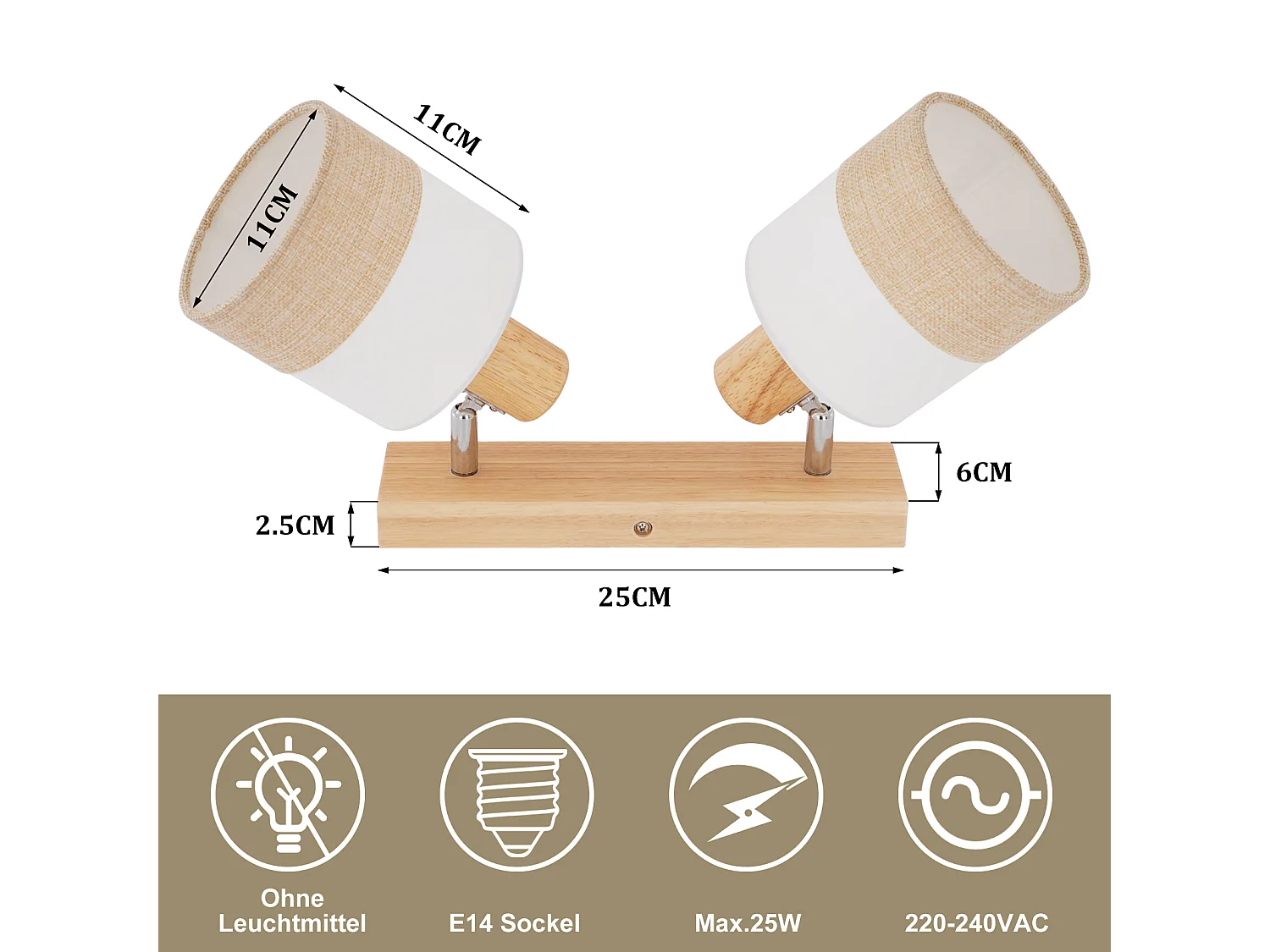 NETTLIFE Plafonnier LED 2 feux spot plafonnier couloir lampe bois E14 vintage orientable 350°