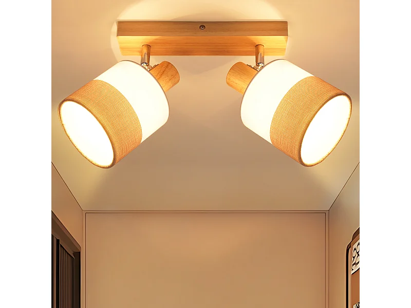 NETTLIFE Plafonnier LED 2 feux spot plafonnier couloir lampe bois E14 vintage orientable 350°