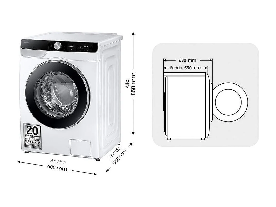 Lavadora carga frontal Samsung WW90DG6U25LKU3 9kg 1400 rpm 22 programas A blanco 60 cm