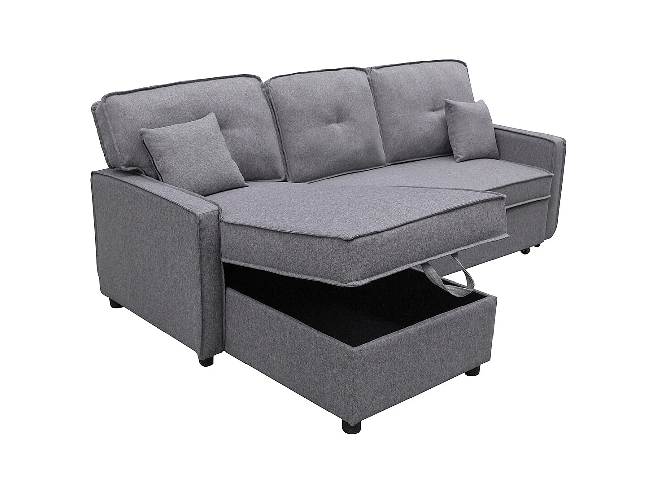 Canapé lit, canapé d'angle de salon avec accoudoirs en tissu coloris gris  - Longueur 202 x profondeur 135 x hauteur 90 cm