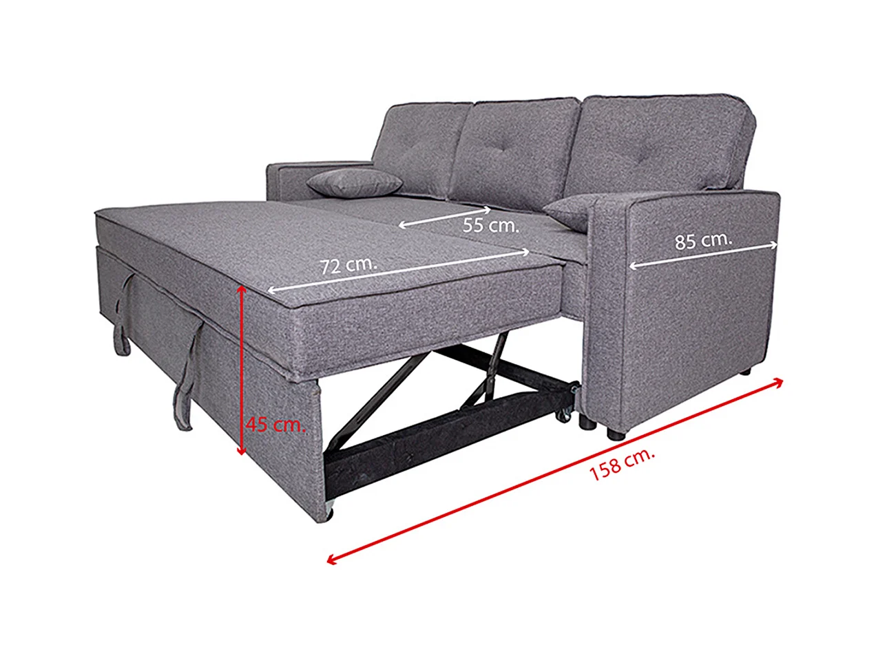 Canapé lit, canapé de salon avec accoudoirs en tissu coloris gris - Longueur 210 x profondeur 85 x hauteur 90 cm