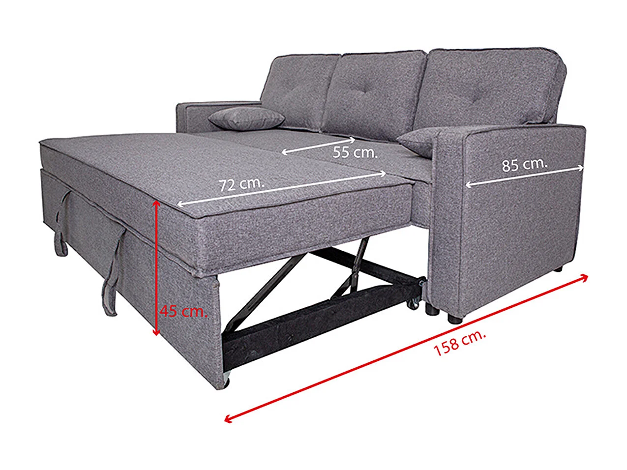 Canapé lit, canapé de salon avec accoudoirs en tissu coloris gris - Longueur 210 x profondeur 85 x hauteur 90 cm