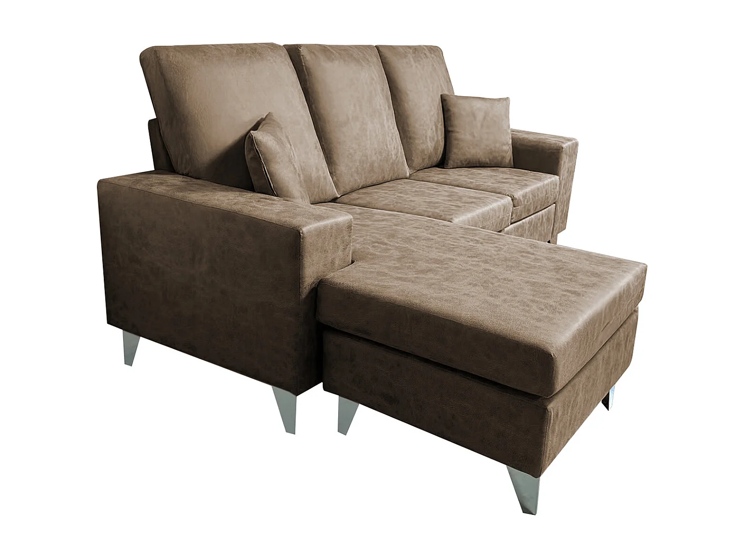 Canapé d'angle 3 places réversible en simili-cuir coloris marron  - Longueur 200 x profondeur 144 x hauteur 99 cm